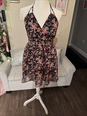 Express Black Halter Mini Dress with Rust and Blush Floral